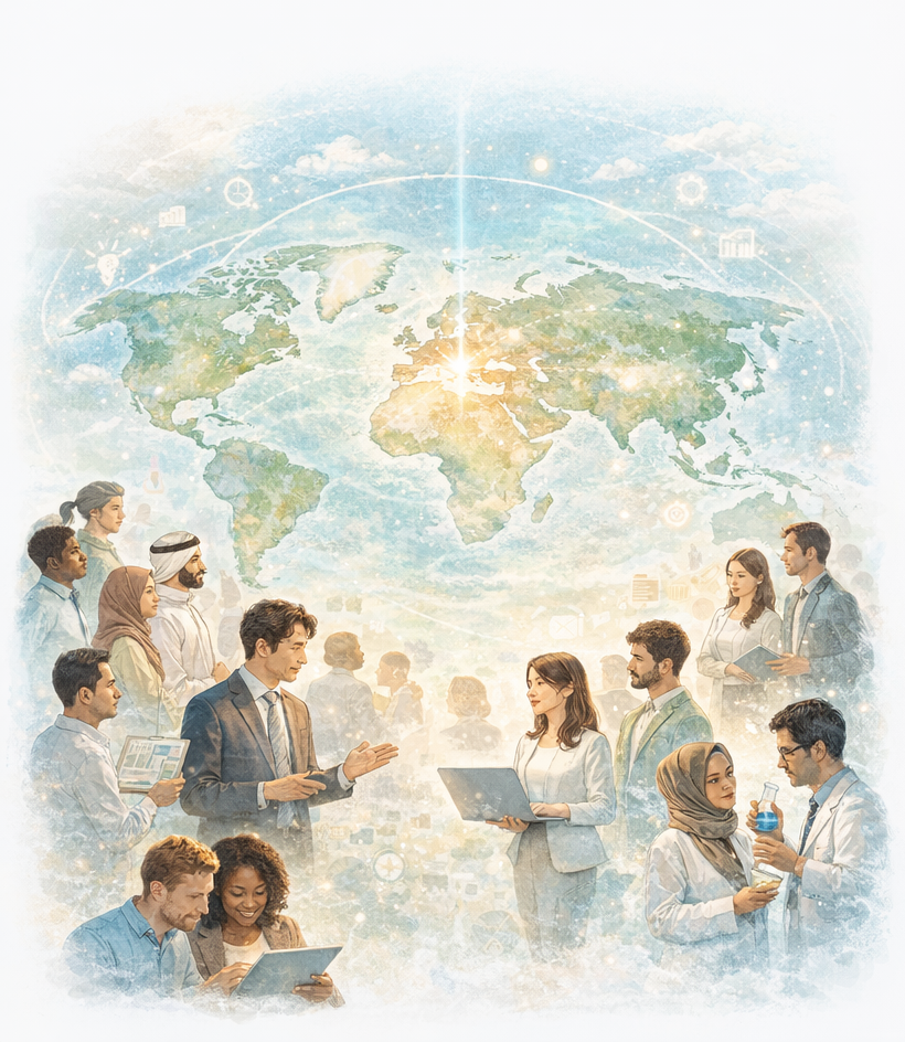 世界地図のイラストと多様な人々